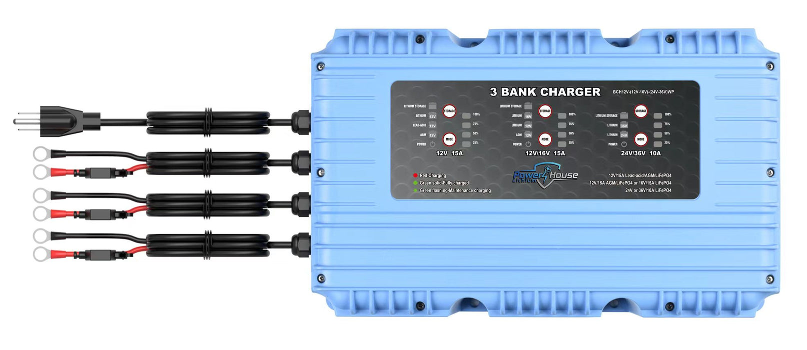 PowerHouse Lithium 12V-(12V-16V)-(24V-36V) 3-Bank Waterproof Battery Charger