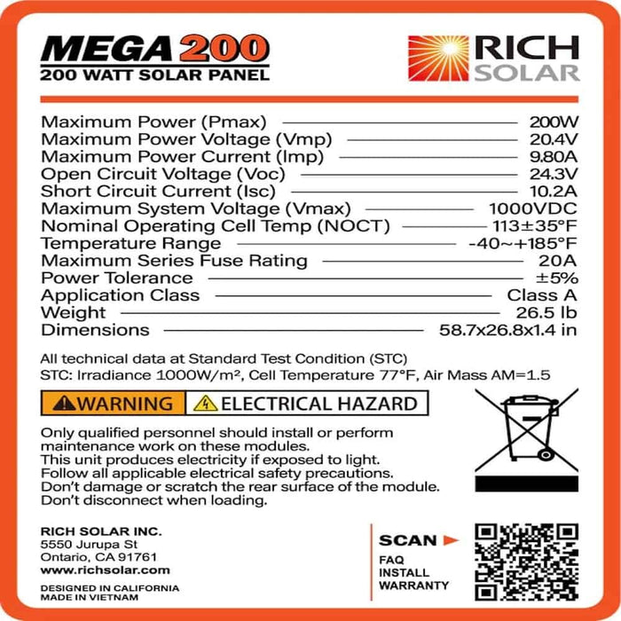 Rich Solar Mega 200 Watt Monocrystalline Solar Panel RS-M200D | 25-Year Output Warranty | UL Certified | Best 24V Panel for RVs and Off-Grid Electrical Label