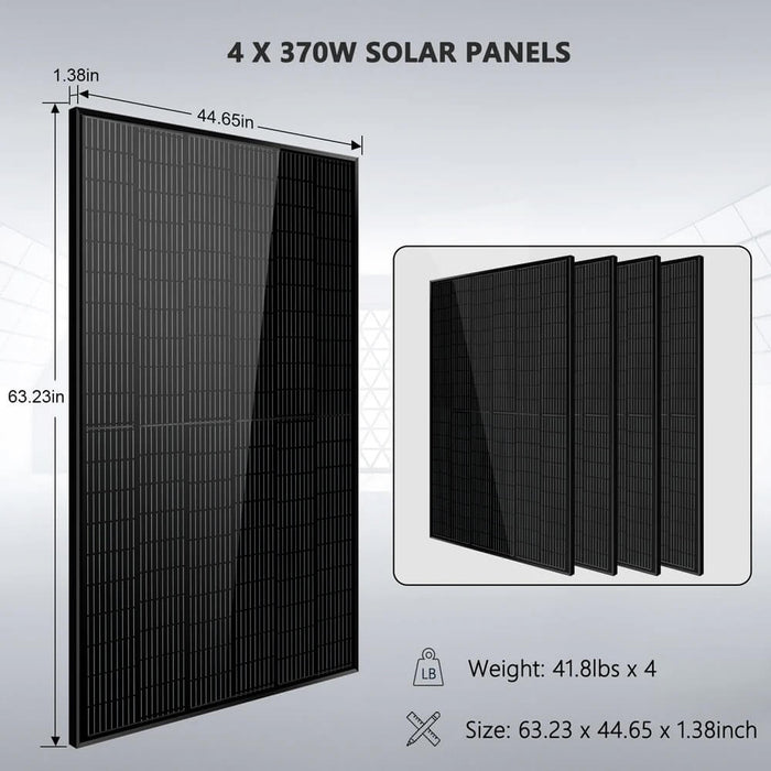 SunGold Power Off-Grid Solar Kit 6500W 48VDC 120VAC 5.12KWH PowerWall Lithium Battery 4x 370 Watts Solar Panels SGM-655M Panel Dimensions